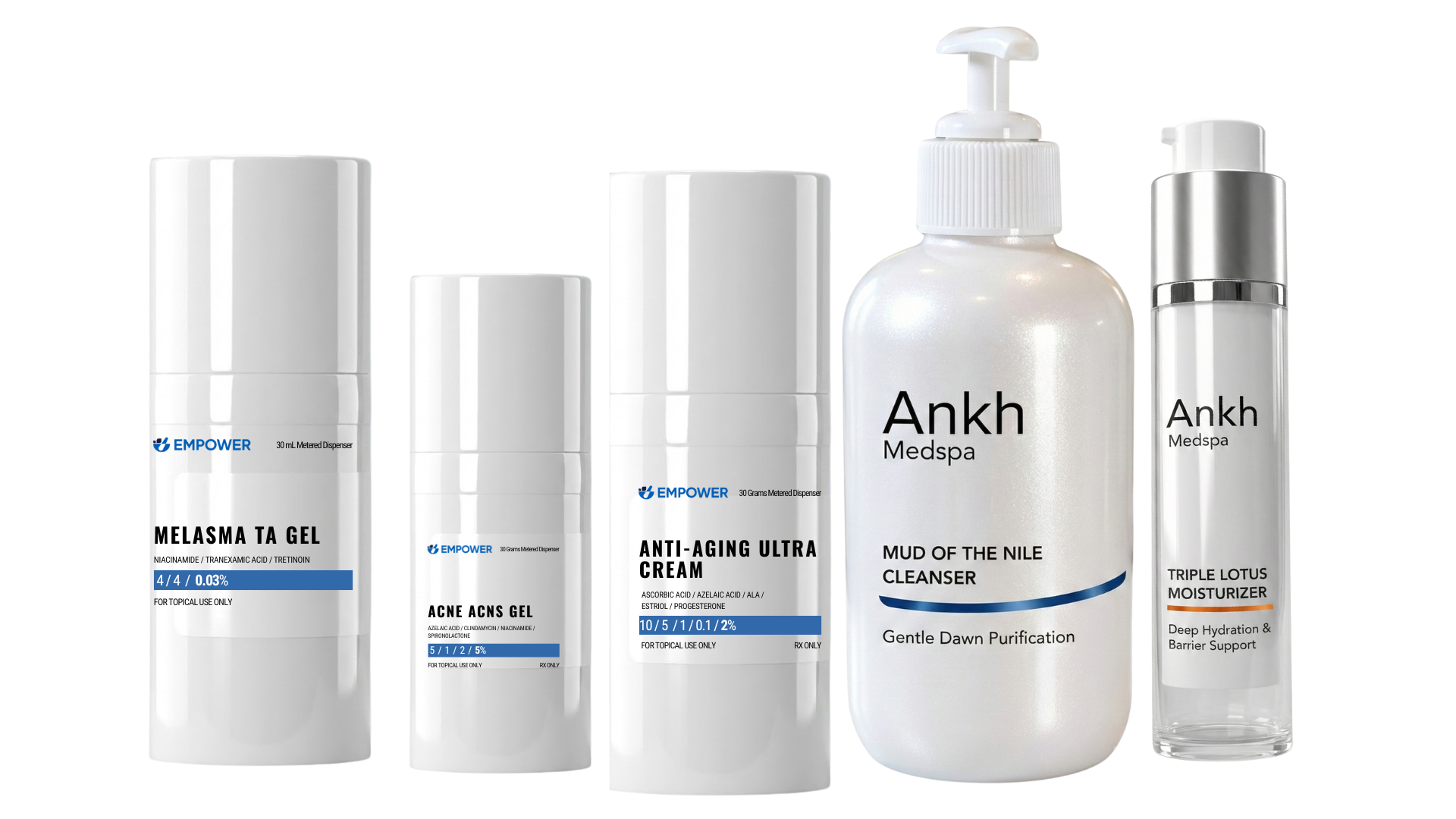A collection of Ankh MedSpa medical-grade skincare products including Melasma TA Gel, ACNS Acne Gel, Anti-Aging Ultra Cream, Mud Of The Nile Cleanser, and Triple Lotus Moisturizer.