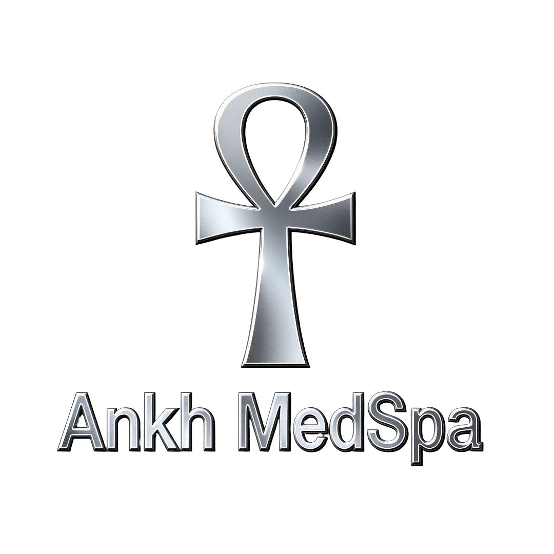 Ankh MedSpa logo with a silver ankh symbol on a white background