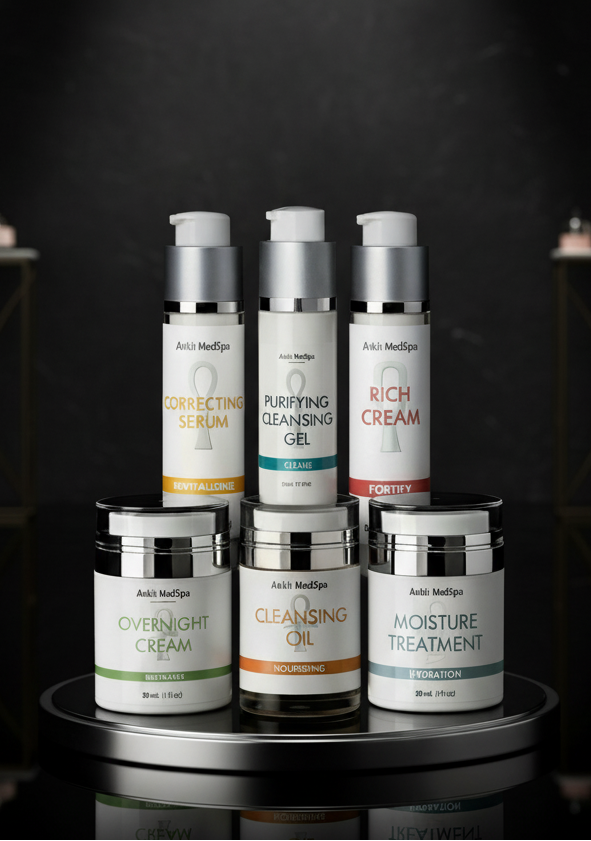 Collection of skincare products on a dark background