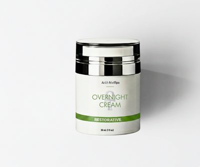 Skincare jar labeled 'Overnight Cream' on a white background