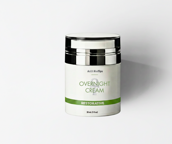 Skincare jar labeled 'Overnight Cream' on a white background