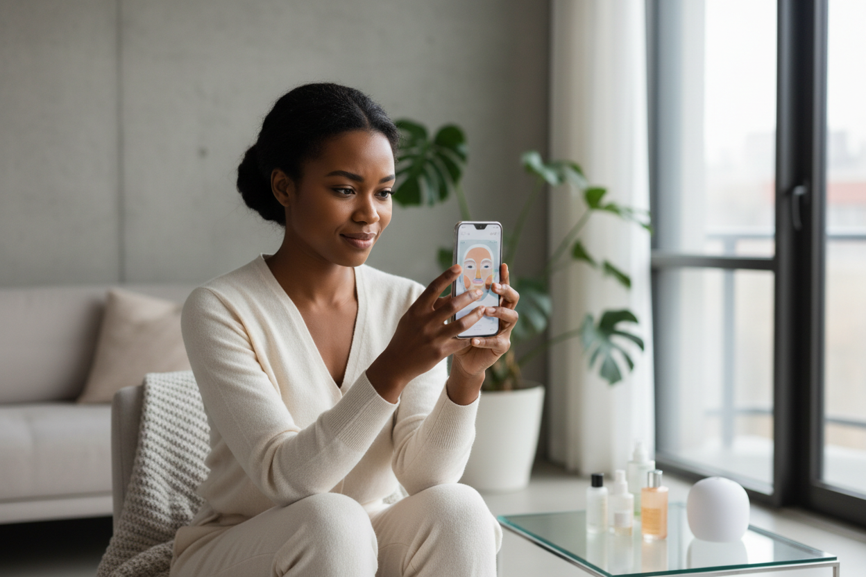 a black woman doing her skin analysis through phone