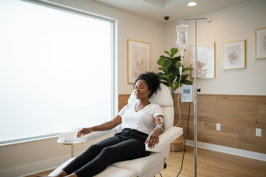 a black woman having IV Therapy Solutions for Total Body Wellness session