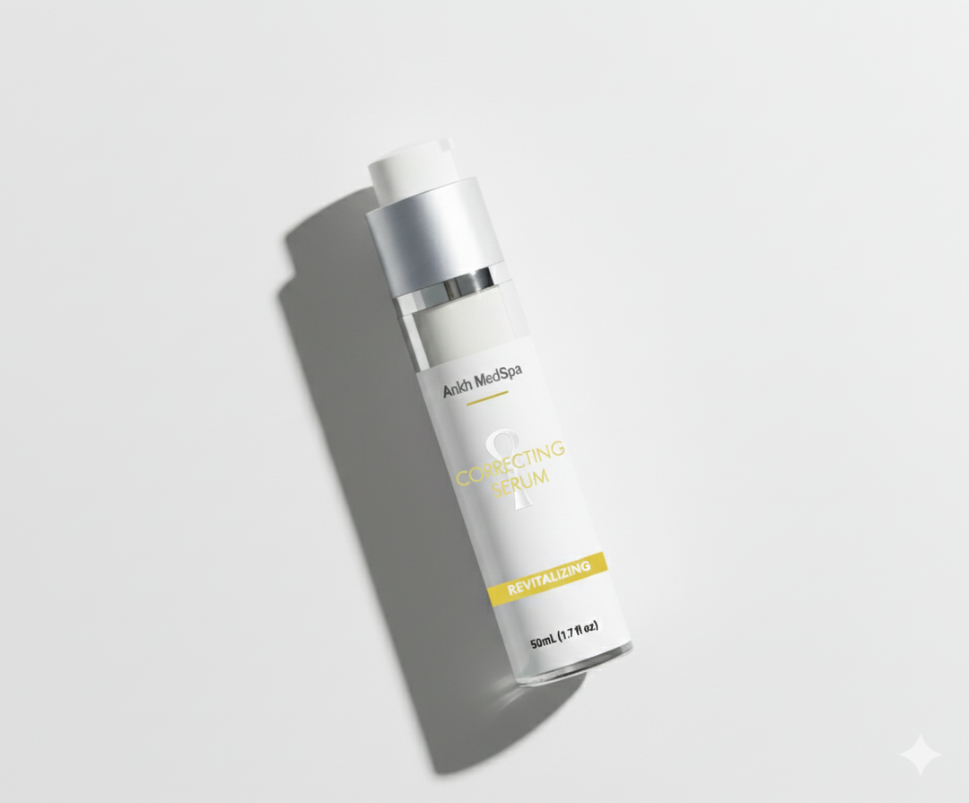 Skincare serum bottle labeled 'Correcting Serum' on a light gray background