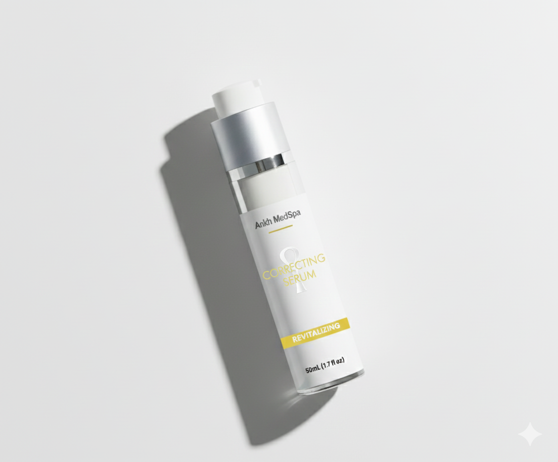 Skincare serum bottle labeled 'Correcting Serum' on a light gray background