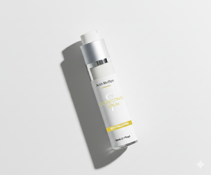 Skincare serum bottle labeled 'Correcting Serum' on a light gray background