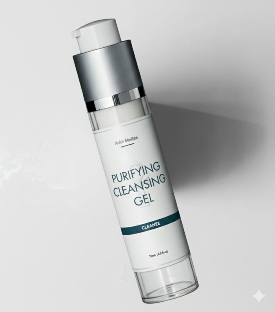Bottle of Purifying Cleansing Gel on a light gray background