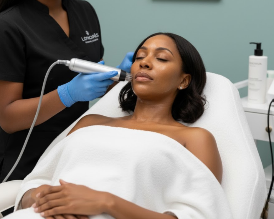 Woman receiving a facial treatment with a device in a clinical setting.
