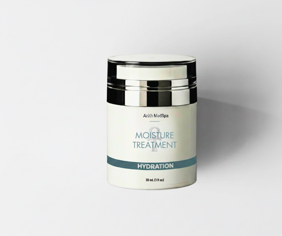 Skincare jar labeled 'Moisture Treatment' on a white background