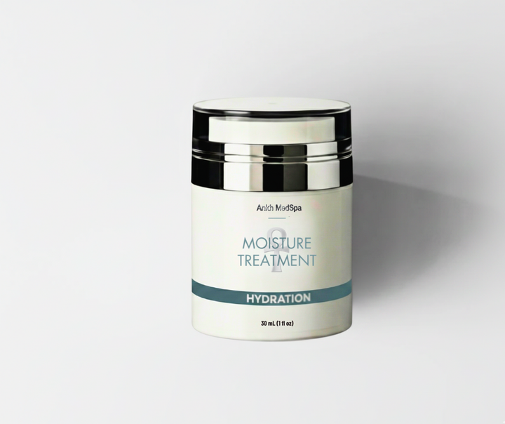 Skincare jar labeled 'Moisture Treatment' on a white background