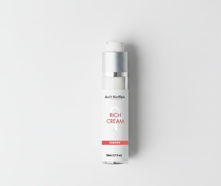 Skincare bottle labeled 'Rich Cream' on a white background