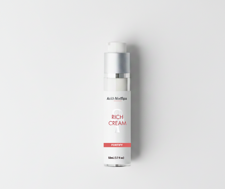 Skincare bottle labeled 'Rich Cream' on a white background