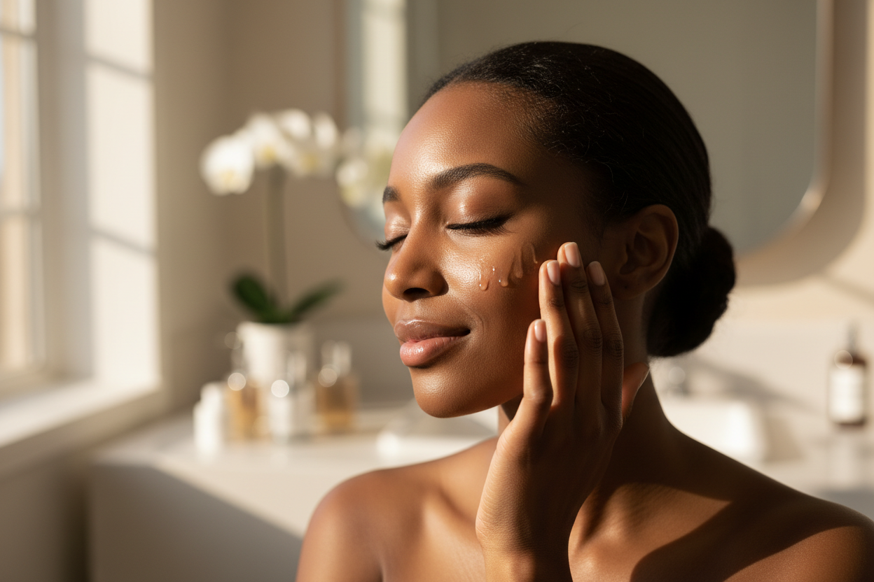 generate image that shows a black woman using serum