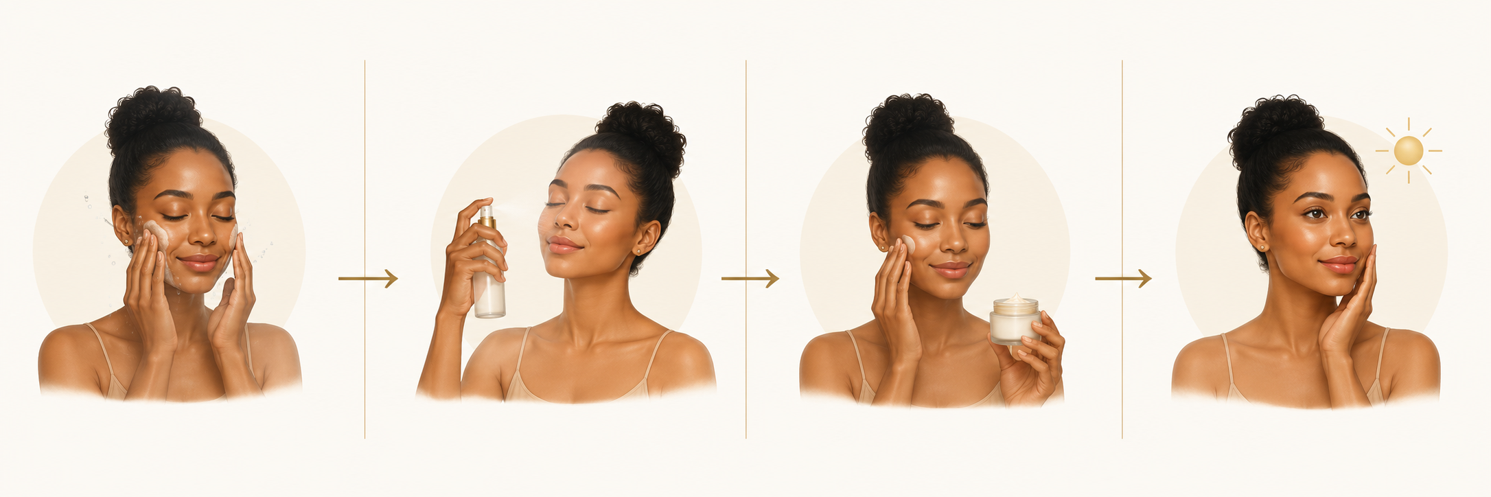 Four-step skincare routine featuring a Black woman cleansing, refreshing, moisturizing, and protecting her skin