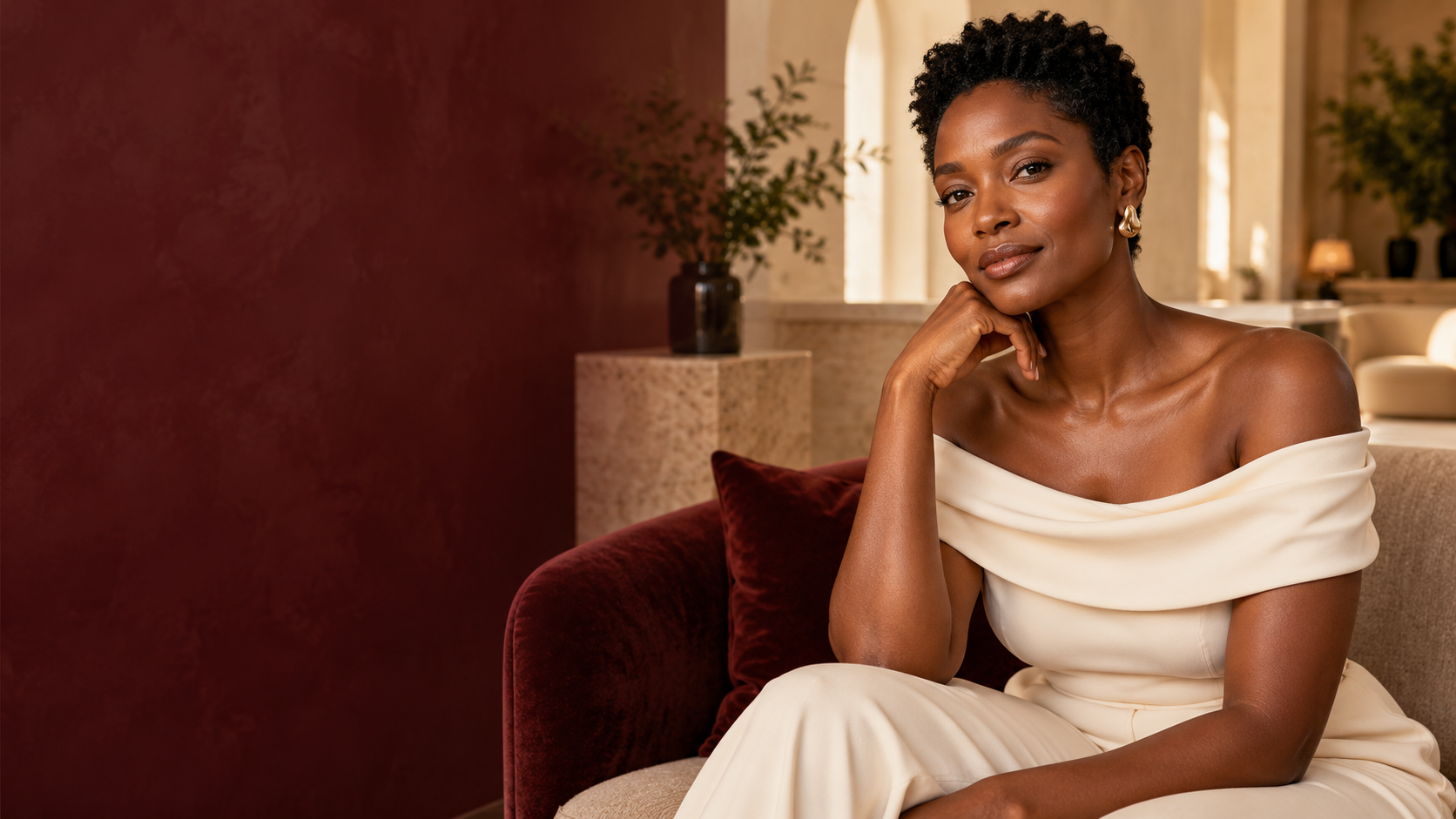 Editorial portrait of a Black woman with short natural hair in an ivory outfit